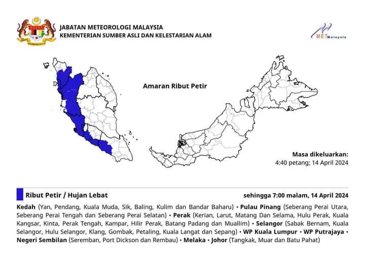 Kawasan dijangka dilanda hujan lebat, ribut petir dan angin kencang sehingga jam 7 malam pada Ahad 