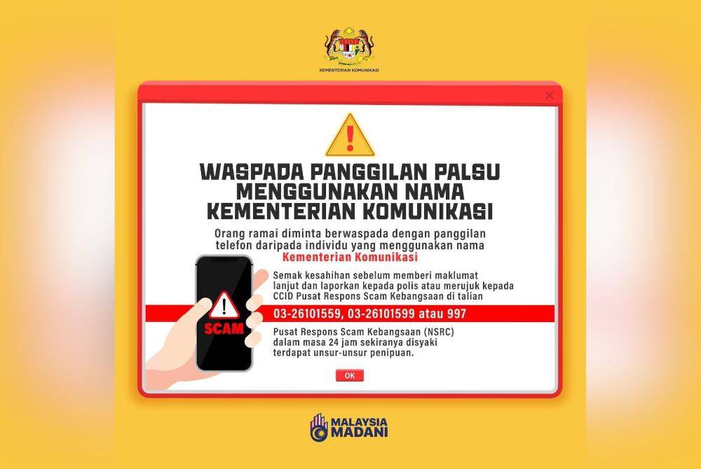 Poster amaran yang dikeluarkan oleh Kementerian Komunikasi berhubung aktiviti sindiket penipuan yang menggunakan nama kementerian tersebut.