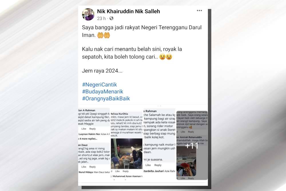 Tangkap layar seorang pengguna media sosial, Nik Khairuddin Nik Salleh yang berkongsi 14 tangkap layar perkongsian yang berpuas hati terhadap layanan istimewa diberikan penduduk kampung di Terengganu.