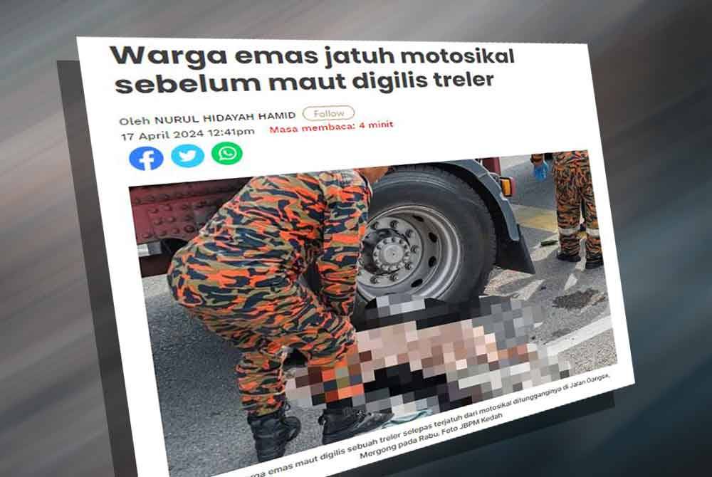 Seorang warga emas maut digilis sebuah treler selepas terjatuh dari motosikal ditungganginya di Jalan Gangsa, Mergong di sini pada Rabu.