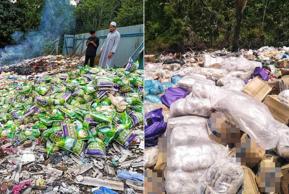 Lambakan beras yang dibuang di tapak pembuangan sampah tular pada Khamis. Gambar kanan: Tepung gandum turut ditemui di tapak pelupusan sampah.