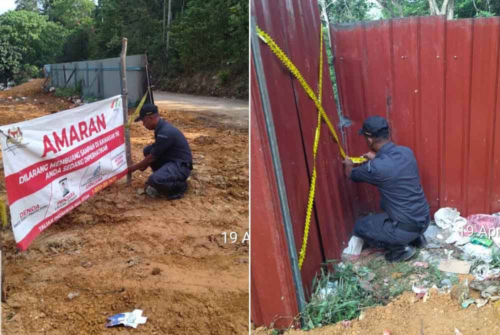 Anggota penguat kuasa SWCorp memasang pita penghalang bagi menghalang orang ramai membuang sampah di tapak pelupusan sampah tular yang ditutup sementara untuk siasatan lanjut.