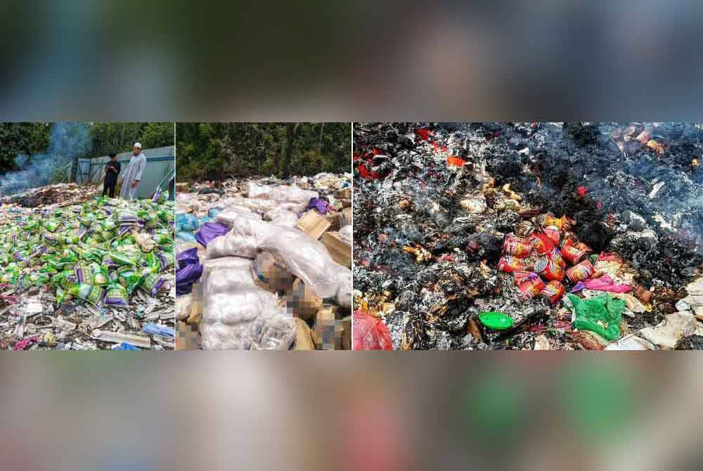 Lambakan beras, bihun dan sardin yang dibuang di tapak pembuangan sampah tular pada Khamis.