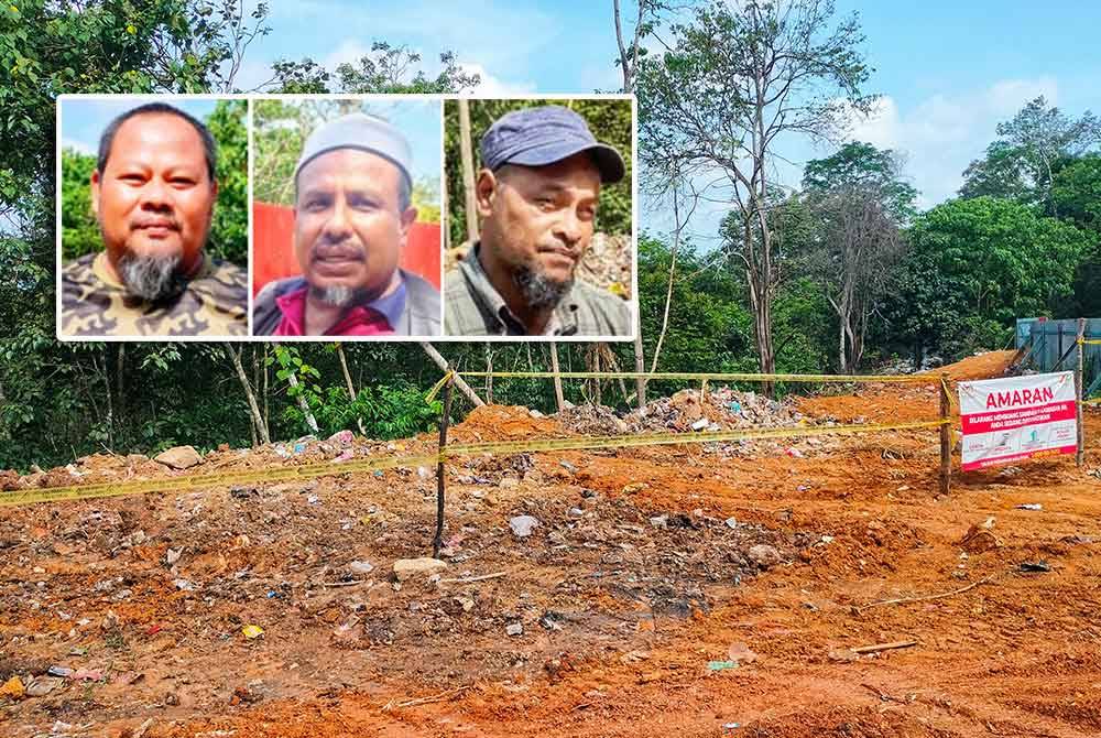 Lokasi kejadian yang telah ditutup oleh pihak berkuasa. Gambar kecil dari kiri: Abdul Basit, Roslan, dan Nasarudin