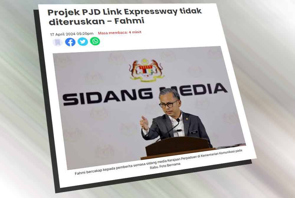 Jemaah Menteri pada Rabu memutuskan bahawa projek pembinaan Lebuhraya Petaling Jaya Dispersal Link (PJD Link Expressway) tidak akan diteruskan