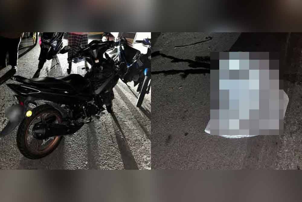 Keadaan motosikal yang terlibat dalam kemalangan berkenaan.Gambar kanan: Mangsa kemalangan yang maut di tempat kejadian.- Foto: IPD Kluang