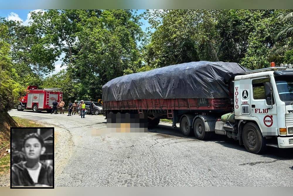 Ahmad Solihin Fazuni, maut selepas bertembung dengan treler di KM29,Jalan Benta-Jerantut pada Ahad. Foto Ihsan PDRM