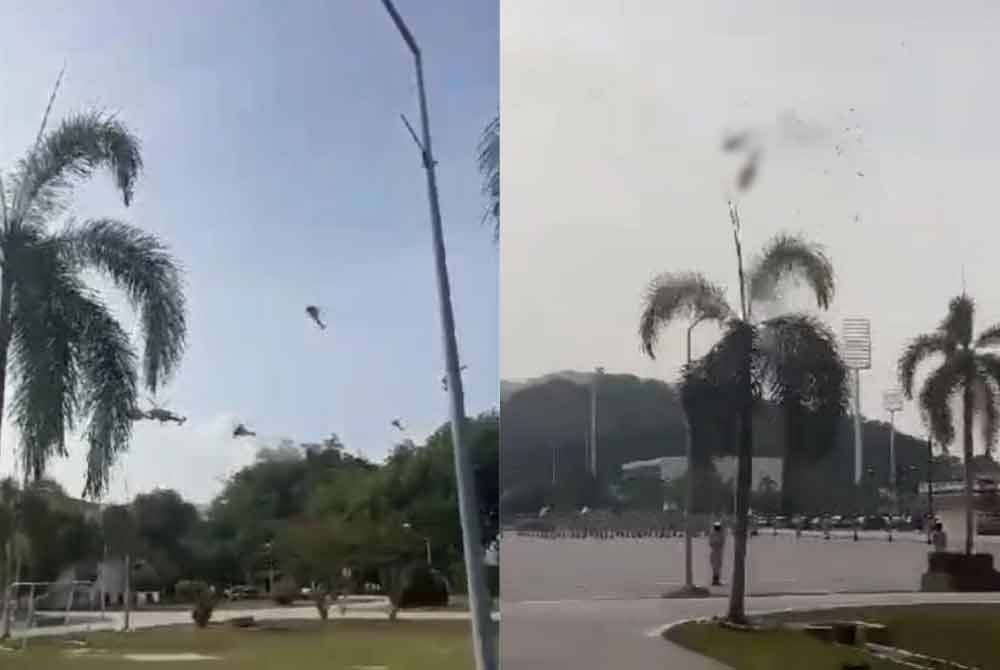 Tangkap layar video menunjukkan dua helikopter yang bertembung sebelum terhempas di Pangkalan TLDM Lumut di sini pada Selasa.