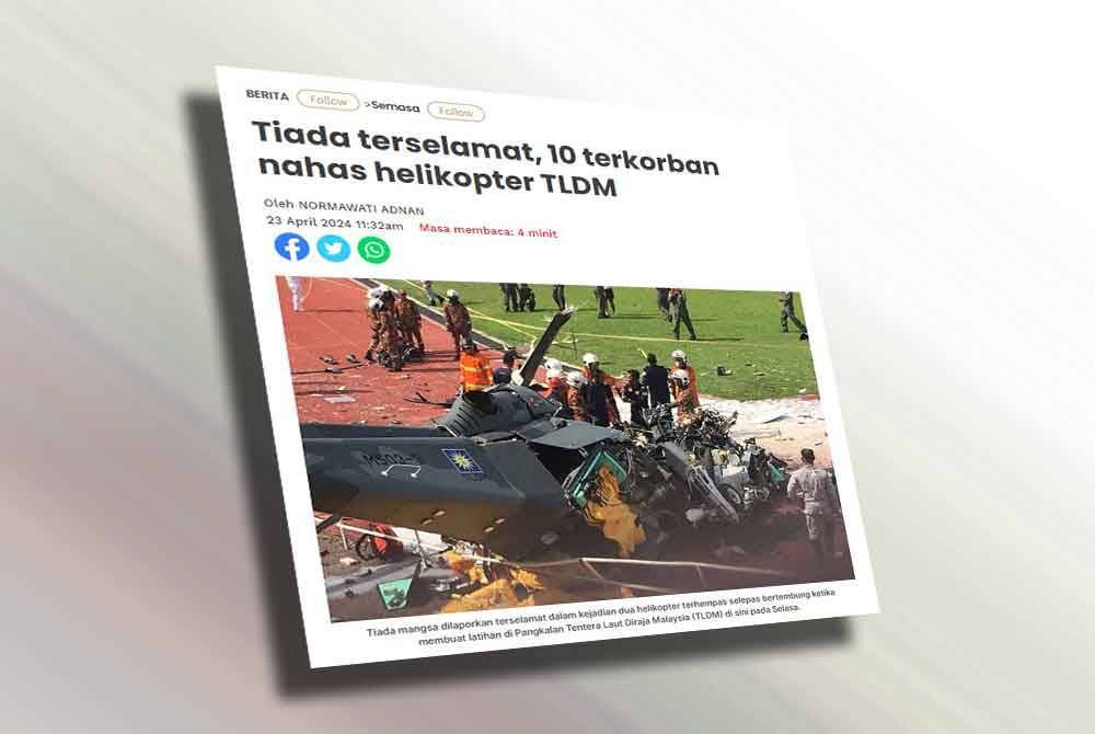 Laporan Sinar Harian mengenai insiden helikopter TLDM yang terhempas pada pagi Selasa. 