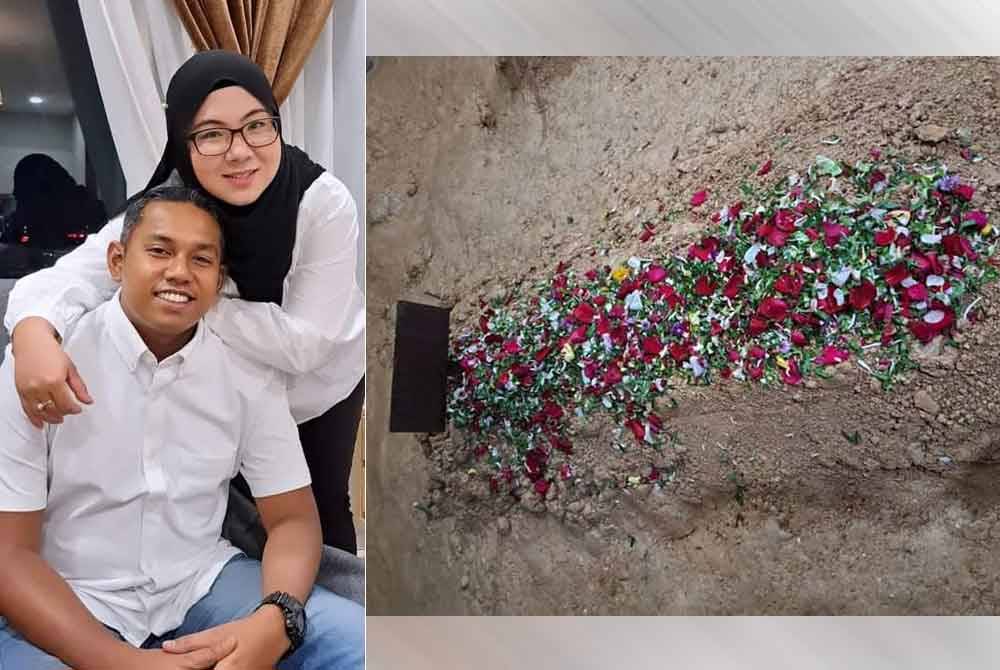 Gambar Siti Aisyah bersama Allahyarham yang dikongsikan di Faceboknya ketika hari ulang tahun perkahwinannya. Foto kanan: Jenazah Leftenan Komander Mohammad Amirulfaris selamat dikebumikan di Tanah Perkuburan Islam Senawang pada Rabu.
(Foto FB Siti Aisyah)