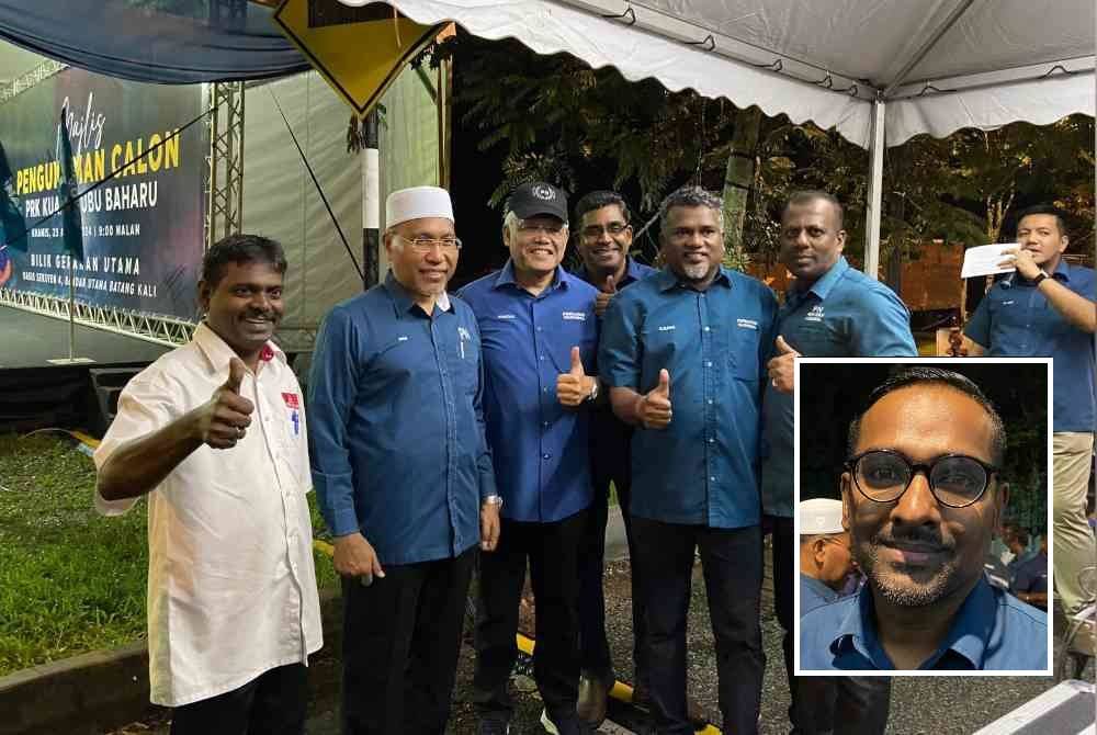 Suasana di Majlis Pengumuman Calon Perikatan Nasional (PN) bagi Pilihan Raya Kecil DUN Kuala Kubu Baharu di Bilik Gerakan Utama PN dekat Batang Kali, Hulu Selangor pada Khamis. (Gambar kecil: S P Punithan)