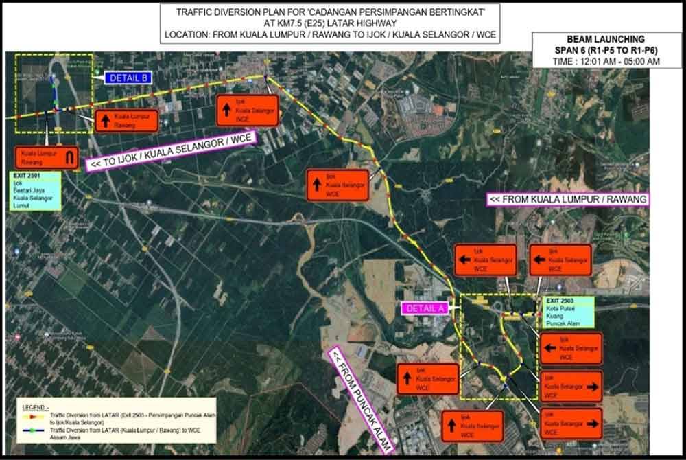 Pelan penutupan sementara jalan menghala ke Ijok/Kuala Selangor/WCE di kilometer 12.3 - 0.0 LATAR bermula pada Isnin depan.