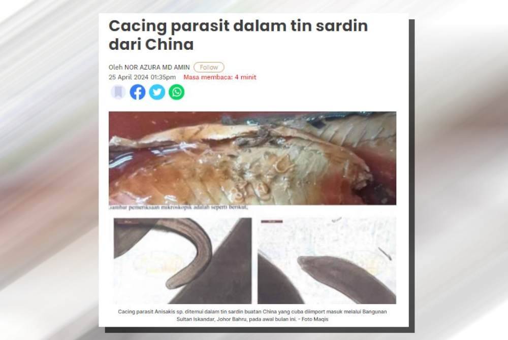 Maqis Negeri Johor sebelum ini merampas 16,320 kilogram (kg) tin sardin dari China yang mengandungi cacing parasit Anisakis sp. yang cuba dibawa masuk ke negara ini.