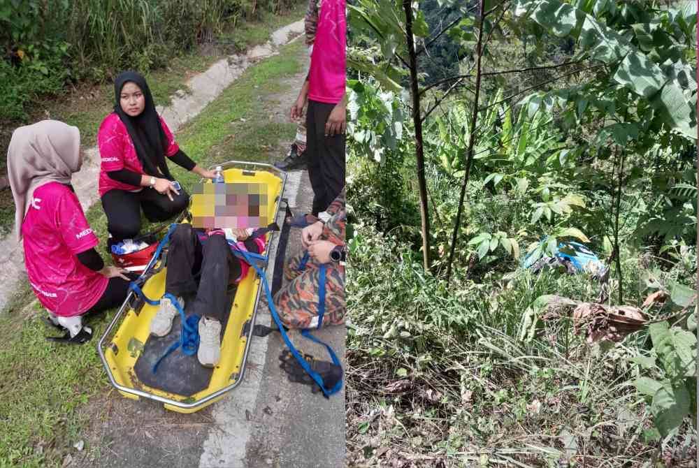 Mangsa kejadian ambulans terjatuh ke dalam gaung di Jalan Sungai Lalang, Semenyih, Selangor diletakkan dalam pengusung sebelum menerima bantuan lanjut pada Sabtu. Foto ihsan JBPM