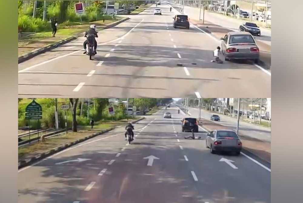 Seorang kanak-kanak lelaki nyaris dilanggar kereta selepas panik dikejar anjing di Sitiawan. Seorang kanak-kanak lelaki terjatuh ketika melarikan diri dikejar anjing dalam kejadian di Sitiawan. Foto ihsan pembaca