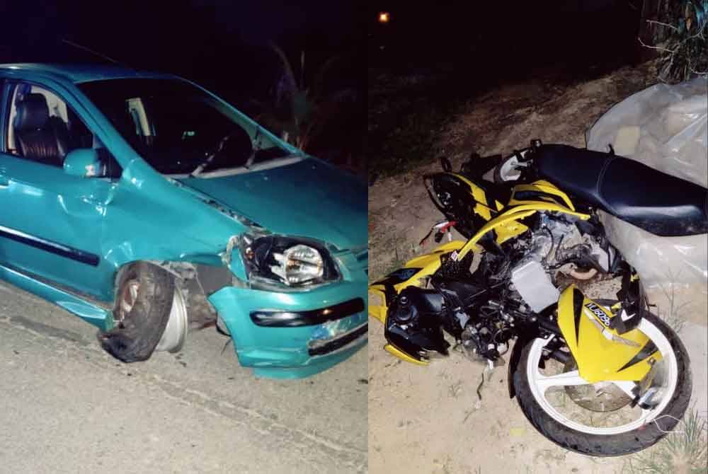 Hyundai Getz dan motosikal mangsa yang terlibat dalam kemalangan di jalan Kampung Belukar Gorek, Bukit Payung pada Sabtu.