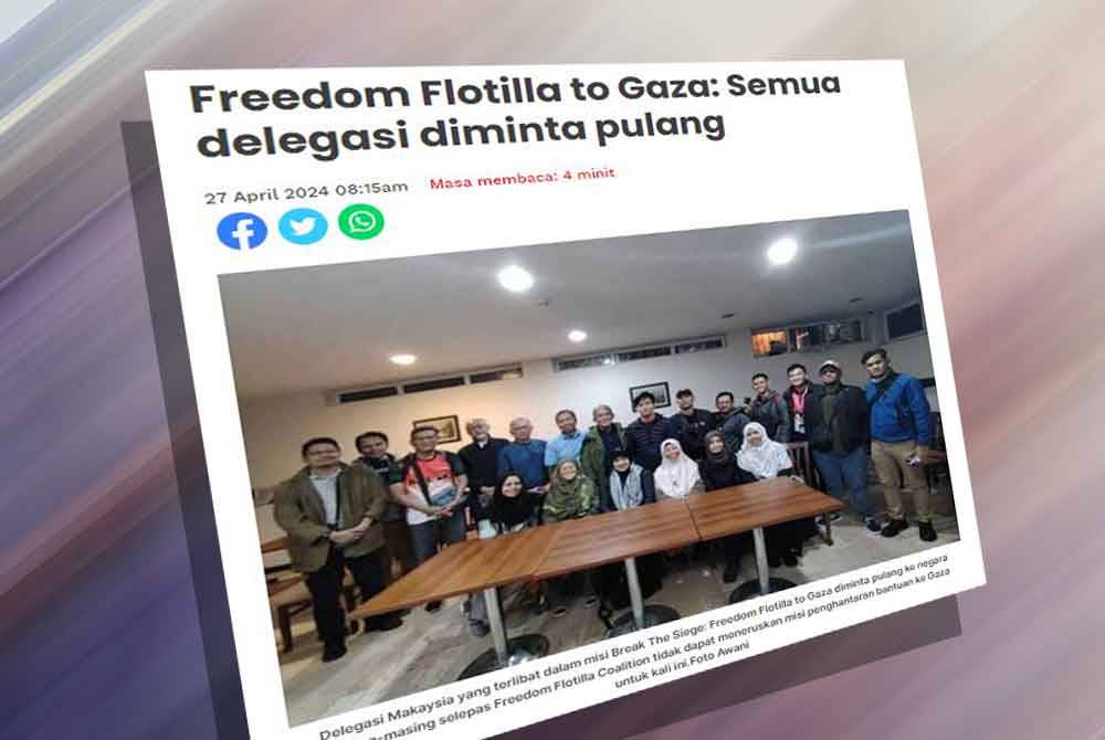 Sebelum ini Sinar Harian melaporkan kesemua delegasi yang terlibat dalam misi Break The Siege: Freedom Flotilla to Gaza diminta pulang ke negara masing-masing selepas Freedom Flotilla Coalition (FFC) tidak dapat meneruskan misi penghantaran bantuan ke Gaza untuk kali ini.