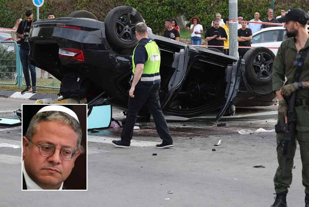 Pihak berkuasa memeriksa lokasi nahas di Ramla, selatan Tel Aviv. Gambar kecil: Ben-Gvir - Foto Agensi