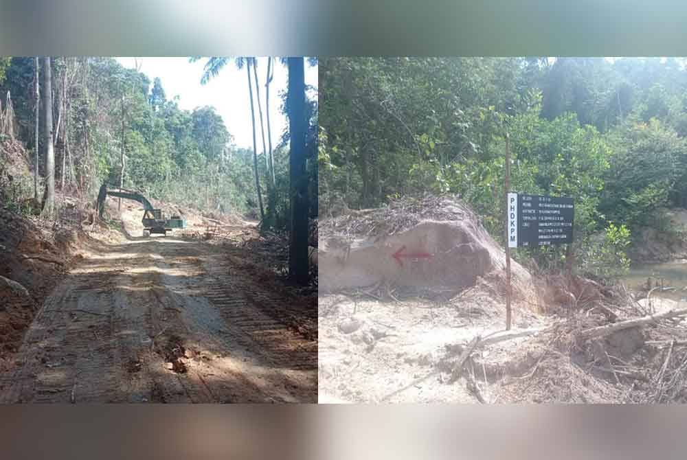 Jengkaut turut kelihatan di kawasan tersebut (kiri). - Foto: FB Mukim Beserah. Tangkap layar Facebook sebuah daerah yang memaklumkan menerima pesanan daripada penduduk berhubung aktiviti pembalakan di kawasan itu pada Isnin (kanan).