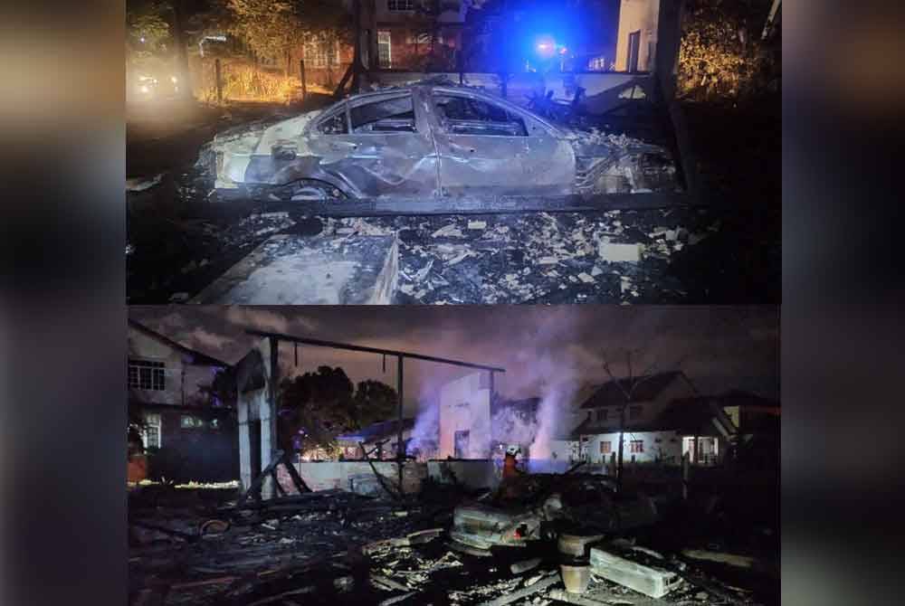 Sebuah rumah jenis separuh kekal dana dua kenderaan musnah dalam kebakaran tersebut. Foto JBPM Kuala Nerus