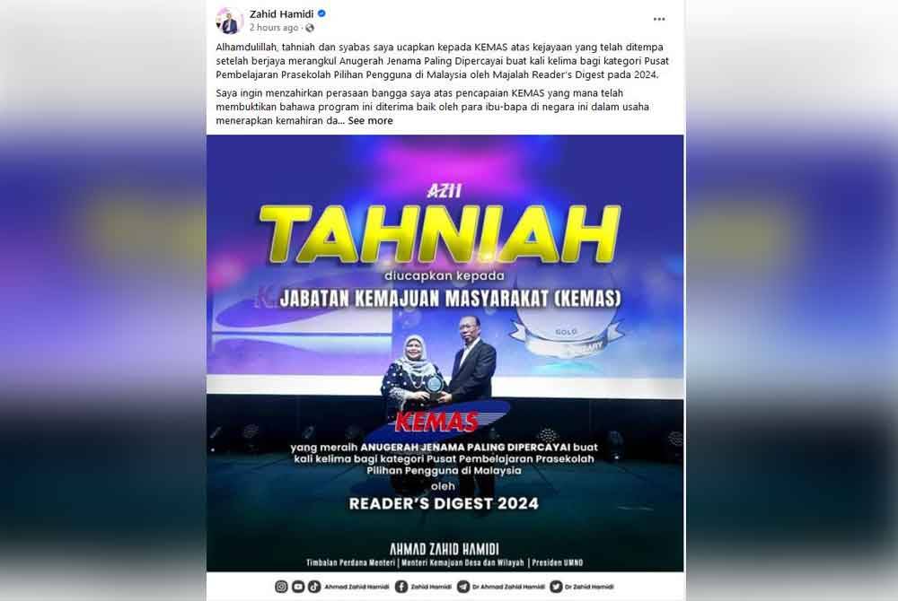 Tangkap layar ucapan tahniah di Facebook Ahmad Zahid Hamidi pada Rabu