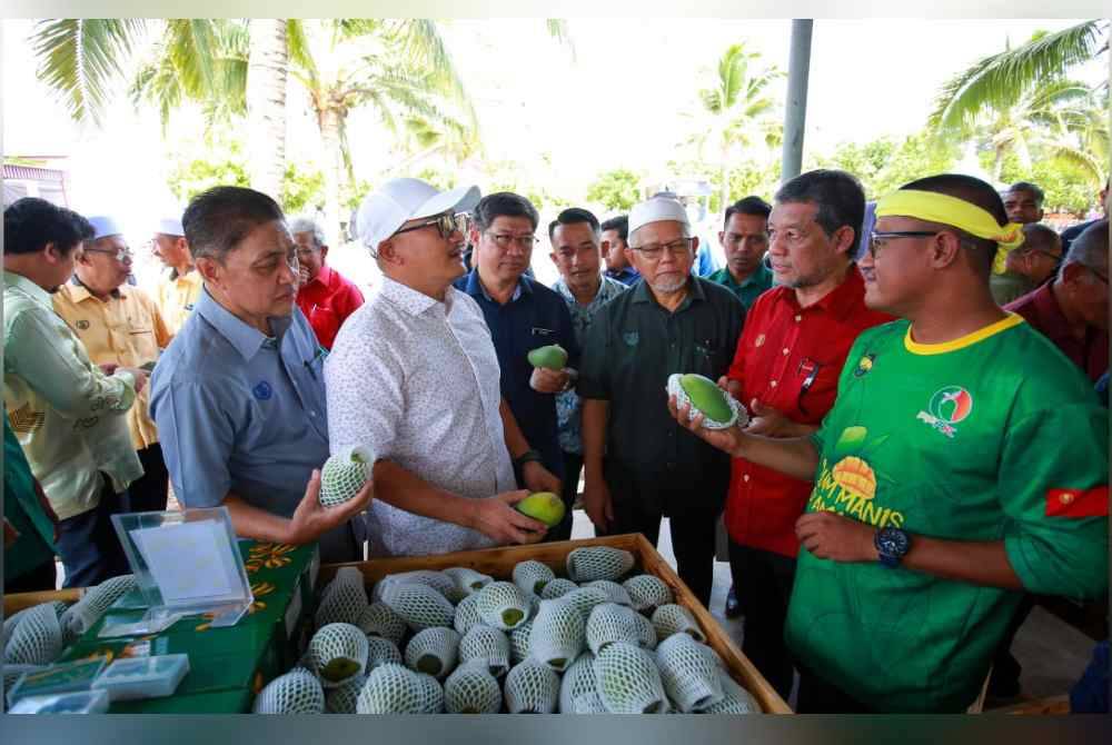 Dzowahir (dua dari kanan) dan Mohd Salleh (dua dari kiri) melihat mangga Harumanis D&#039;Aman di Fiesta Mempelam Kedah 2024 di Pusat Teknologi Mempelam Sala Kanan, Yan pada Khamis.