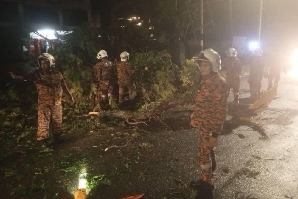 Skuad Pantas MBPP dan anggota bomba sedang giat mengalihkan pokok tumbang dalam kejadian malam Isnin.