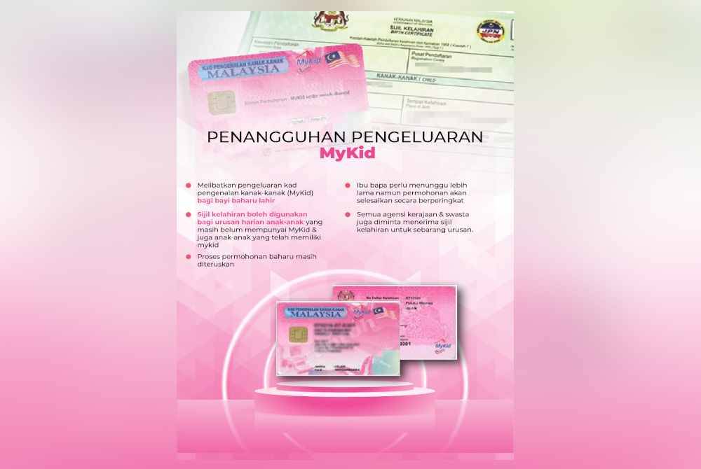 Isu cetakan kad pengenalan diri kanak-kanak bercip (MyKid) yang tertunggak akibat masalah perolehan bekalan mikrocip semasa pandemik Covid-19 lalu dijangka dapat diselesaikan pada Julai ini secara berperingkat di seluruh negara. - Foto JPN