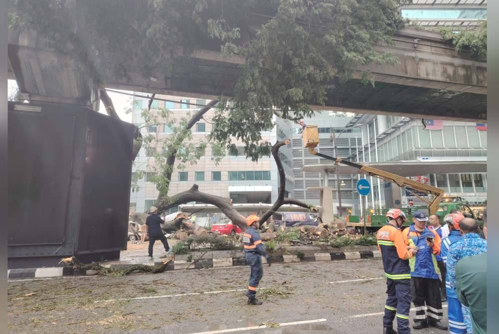 Pihak DBKL melakukan tugas pembersihan susulan kejadian pokok tumbang di Jalan Sultan Ismail, Kuala Lumpur pada Selasa.