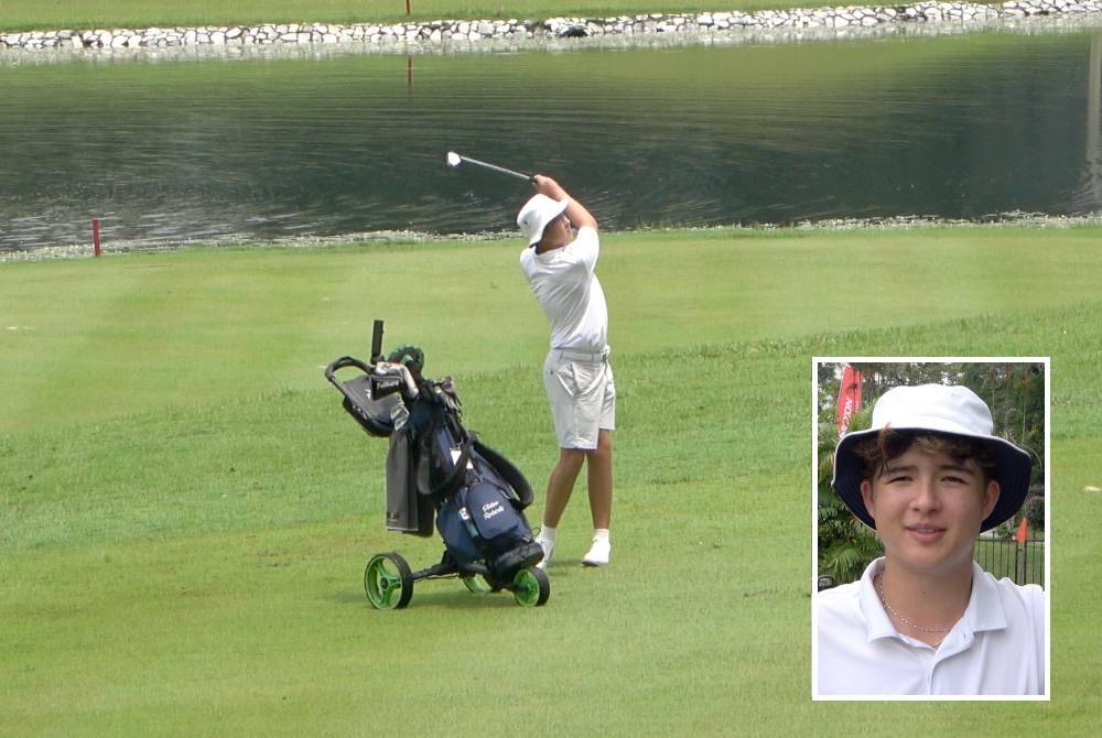 Aiden Tai (gambar kecil) melakukan pukulan dalam aksi Pusingan Pertama Kejuaraan Golf 100PLUS Srixon 2024 di Kelab Golf Templer Park, Rawang pada Selasa.