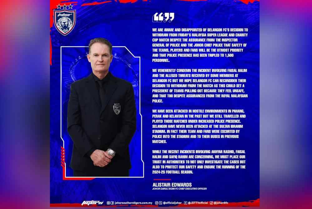 Kenyataan JDT di laman rasmi Facebook kelab itu.