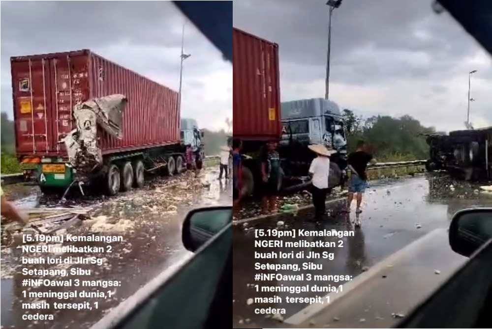 Tangkap layar video yang memaparkan kemalangan dua lori treler di Jalan Stapang - Sibu pada petang Khamis. Sumber video Sarawak Edition 