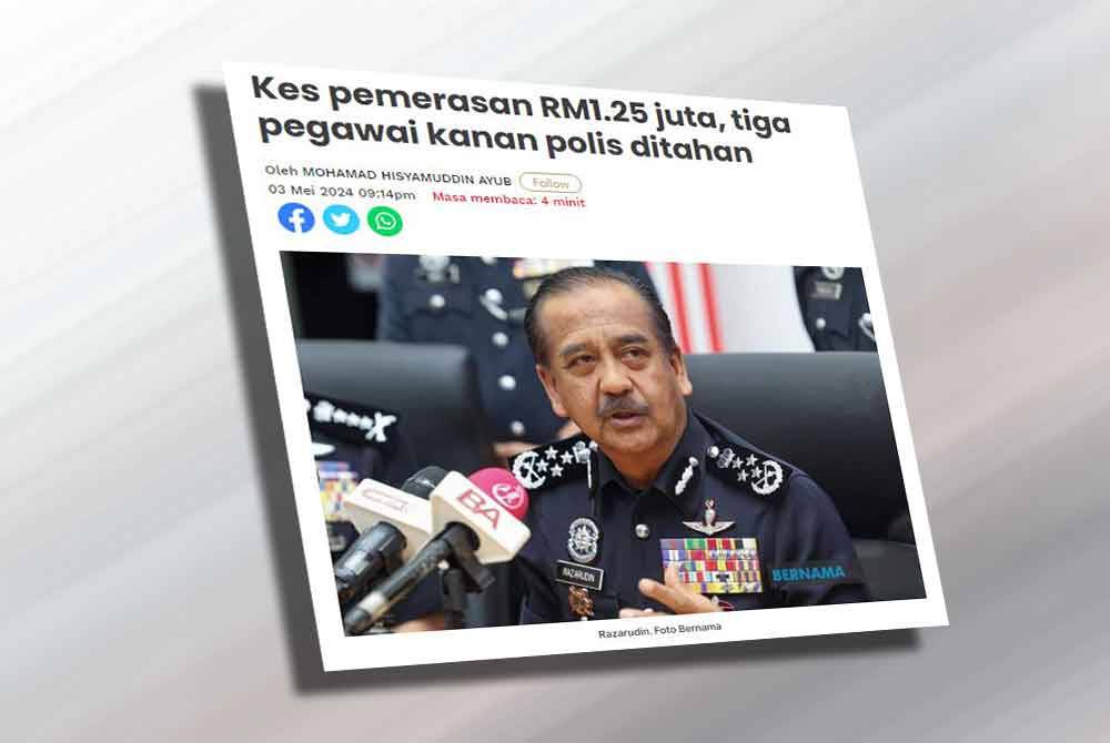 Pada 3 Mei lalu, Sinar Harian melaporkan tiga pegawai berpangkat ACP, DSP dan Inspektor dari JSJK Bukit Aman ditahan di sekitar Jalan Tun Razak, Kuala Lumpur bagi membantu siasatan kes pemerasan terbabit.