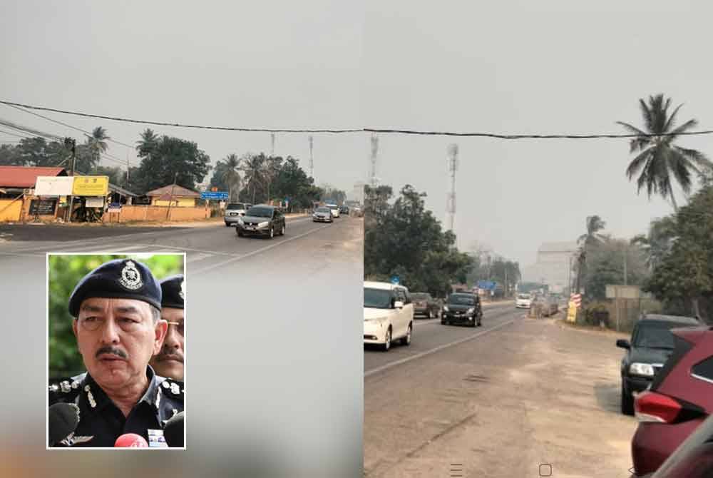 Polis Kelantan memantau pengguna jalan raya yang sedang berdepan jerebu tebal susulan pembakaran hutan sejak minggu lalu terutama pada waktu pagi. Gambar kecil: Muhamad Zaki