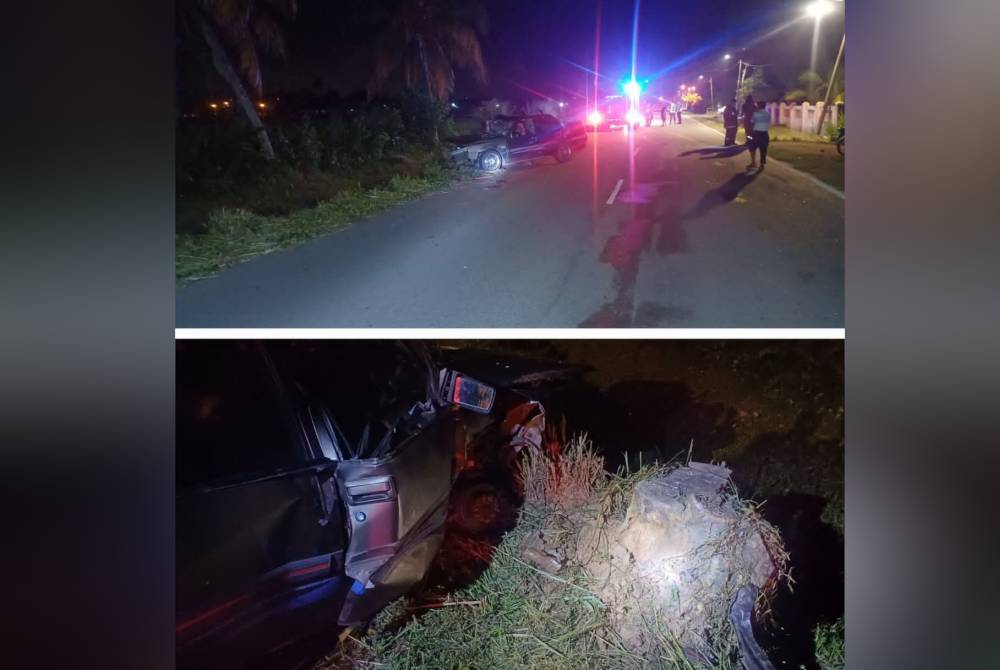 Keadaan kenderaan dinaiki enam beranak yang terbabas. Foto ihsan Polis