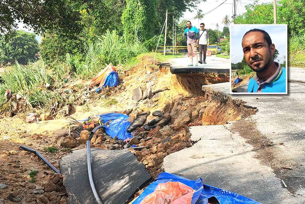 Penduduk melihat runtuhan yang berlaku di Kampung Batu 3 Mambau. Gambar kecil: Mohd Shamsul