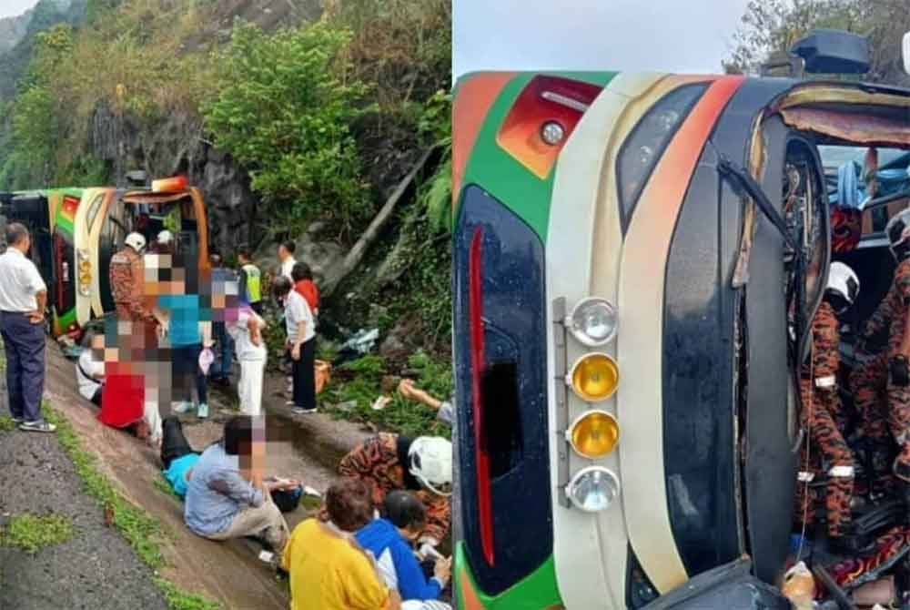 Bas persiaran yang dinaiki 40 penumpang dan pemandu terbalik di Kilometer 264.5 Lebuh Raya Utara - Selatan arah selatan berhampiran Terowong Menora di sini pada pagi Ahad.