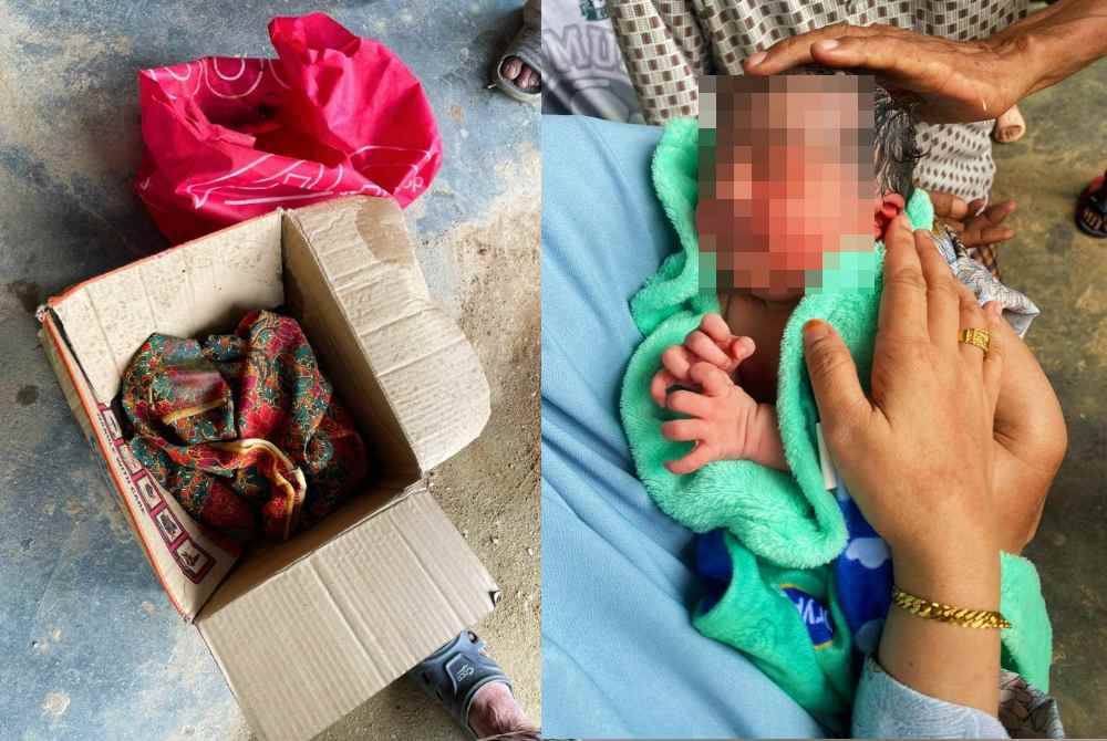 Kotak dan kain batik yang ditemui di lokasi kejadian. Bayi perempuan cukup sifat ditemui masih hidup ditinggalkan dalam kotak di atas jalan berhampiran Gua Tempurung, Gopeng pada Ahad.