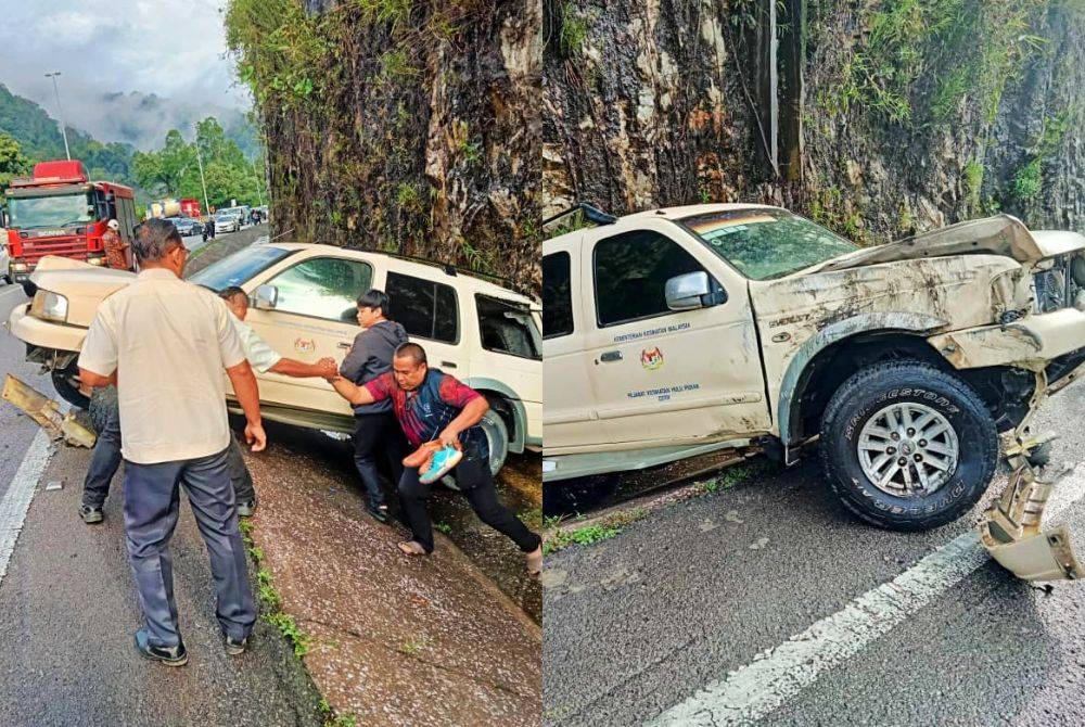 Dua kakitangan KKM terselamat dengan cedera di muka selepas pacuan empat roda dinaiki terbabas di Kilometer 263.4 Lebuhraya Utara Selatan arah selatan pada Isnin.