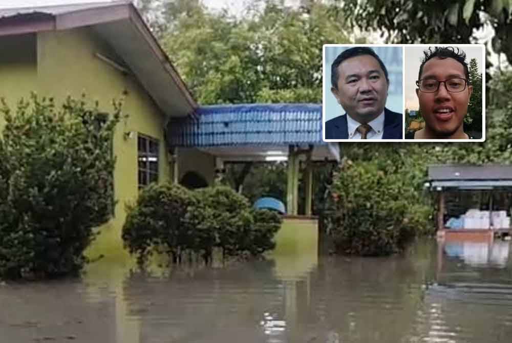 Keadaan banjir kilat di Kampung Sri Andalas pada Ahad. Gambar kecil: Ng Sze Han dan Tajul Ikhwan