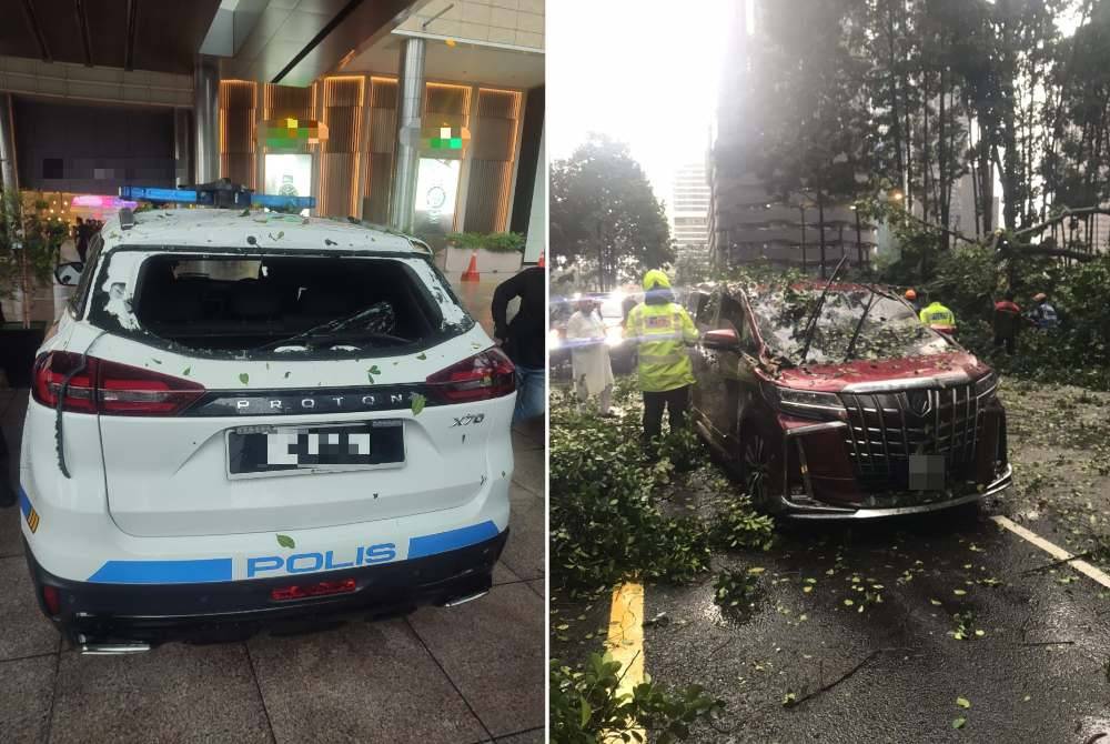 Sebuah kenderaan pengiring PDRM yang bertindak sebagai konvoi kenderaan pengiring Ketua Menteri Melaka terlibat dalam kejadian pokok tumbang tersebut. Foto Ihsan PDRM.