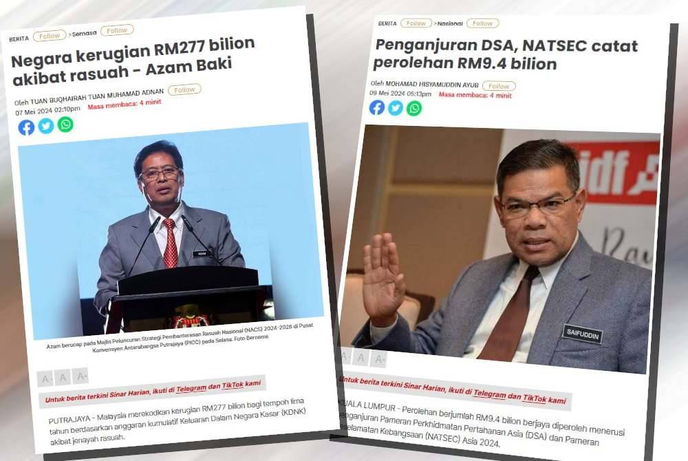 Laporan Sinar Harian berhubung pameran DSA 2024 dan kenyataan Ketua Pesuruhjaya SPRM yang mendedahkan Malaysia merekodkan kerugian RM277 bilion akibat jenayah rasuah.