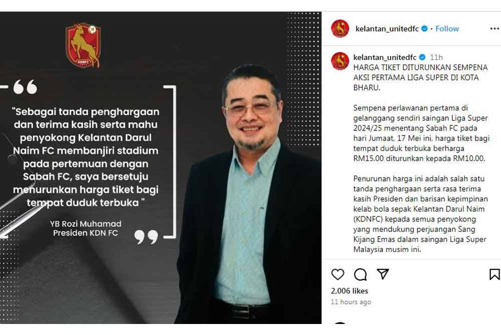 Tangkap layar hantaran Rozi yang dimuat naik di IG kelantan_unitedfc. Foto IG kelantan_unitedfc