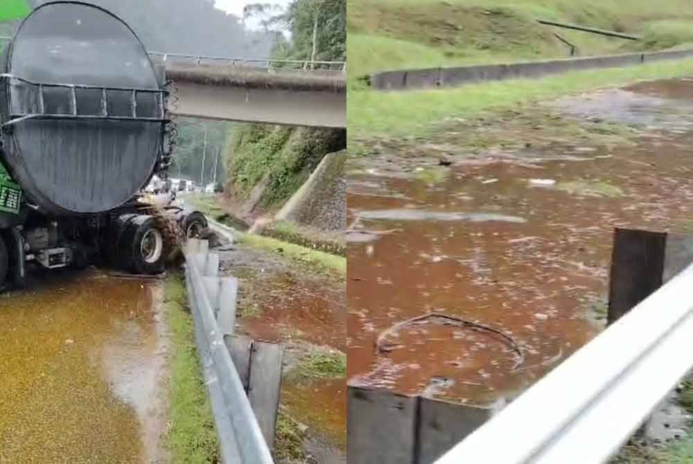 Sebuah lori tangki membawa muatan minyak masak terpakai terbabas dalam kejadian di Kilometer 36.8 Lebuhraya Karak menghala Kuala Lumpur di sini pada Isnin.