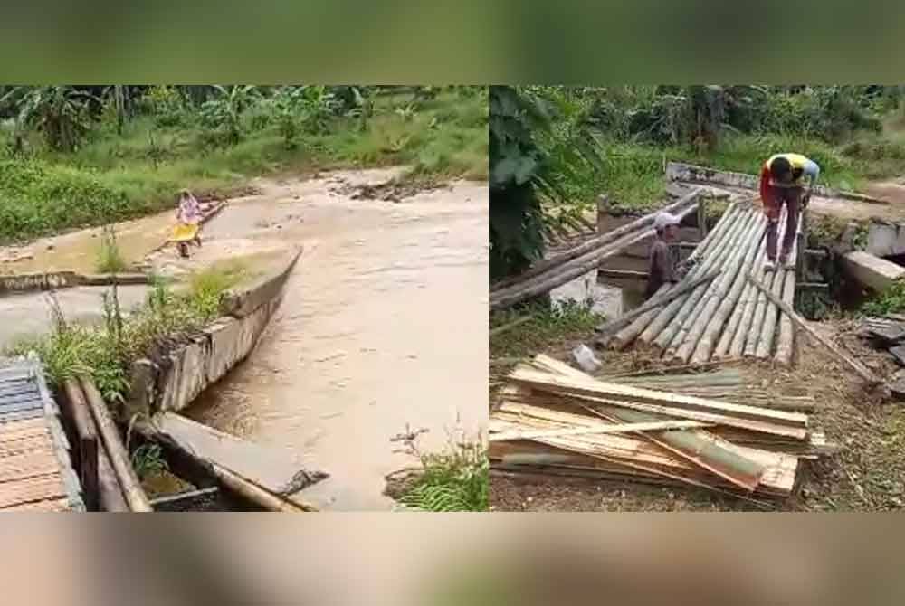 Penduduk terpaksa menggunakan kereta sorong untuk membawa barang keluar dan masuk berikutan jambatan konkrit di kampung itu runtuh dalam kejadian banjir tiga tahun lalu.