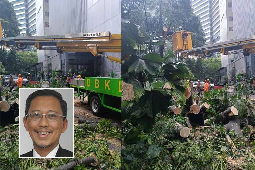 Kerja-kerja pembersihan pokok tumbang di Jalan Pinang dilakukan pihak DBKL. Gambar kecil: Zahir