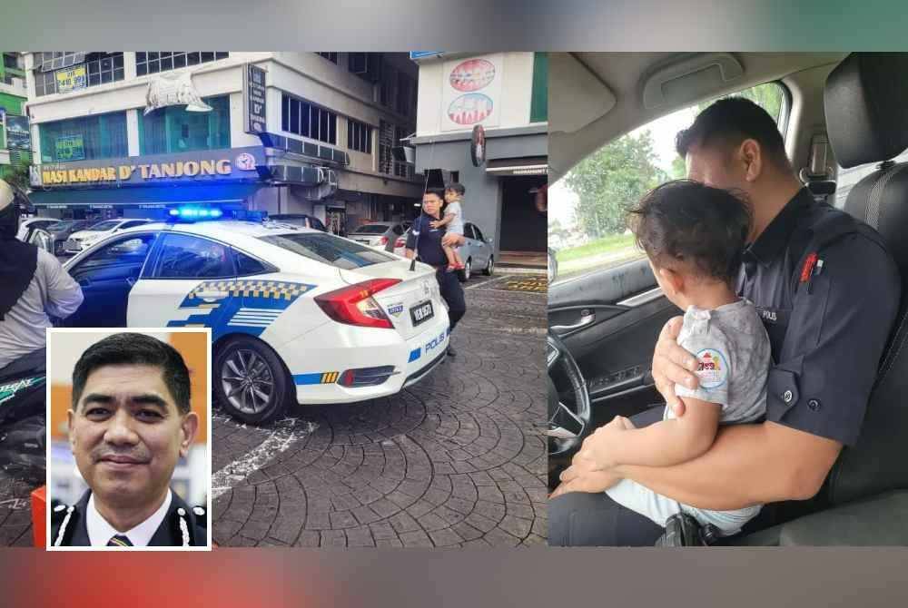 Anggota MPV polis membantu membawa kanak-kanak berusia dua tahun yang dibonceng ibunya ketika hujan lebat di ibu negara, pada Selasa. Foto Polis Brickfields (Gambar kecil: Ku Mashariman)