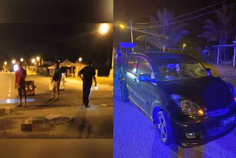 Keadaan mangsa dan kereta yang terlibat dalam kemalangan di KM20 Jalan Kuala Terengganu-Kuantan di Rhu Muda, Marang pada awal pagi Khamis.