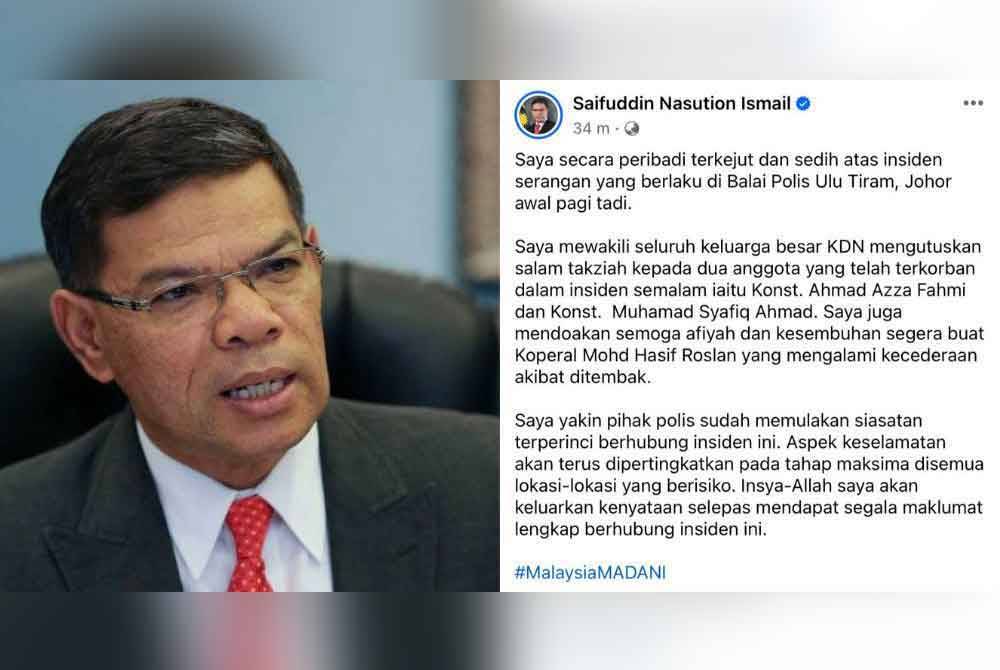 Saifuddin Nasution (kiri) dan Tangkap layar hantaran Saifuddin di Facebook pada Jumaat.