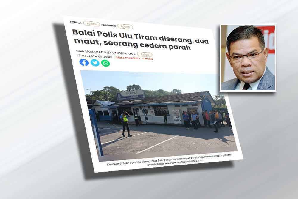 Suspek yang menyerang Balai Polis Ulu Tiram pada pagi Jumaat, dipercayai bertindak bersendirian dan tidak terbabit dengan mana-mana kumpulan terancang. Gambar kecil: Saifuddin Nasution